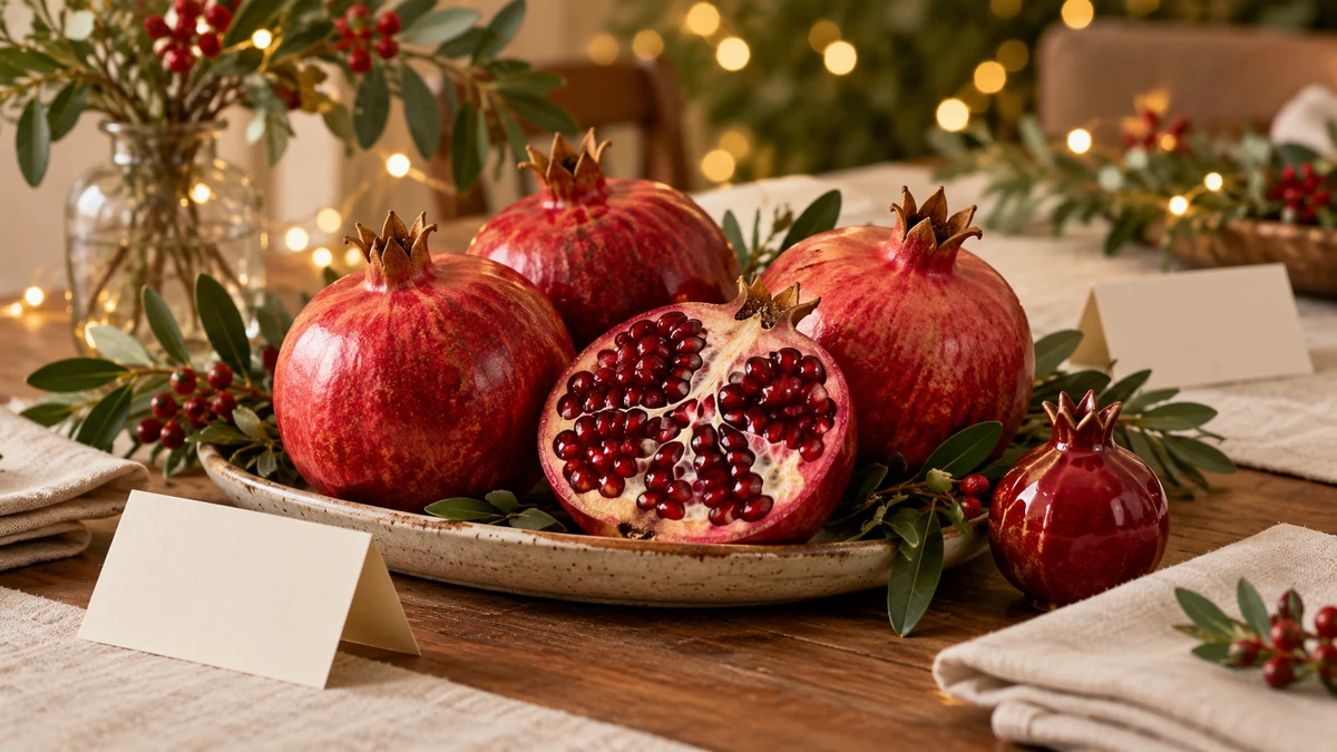 Pomegranates and a ceramic fruit ornament on a festive table