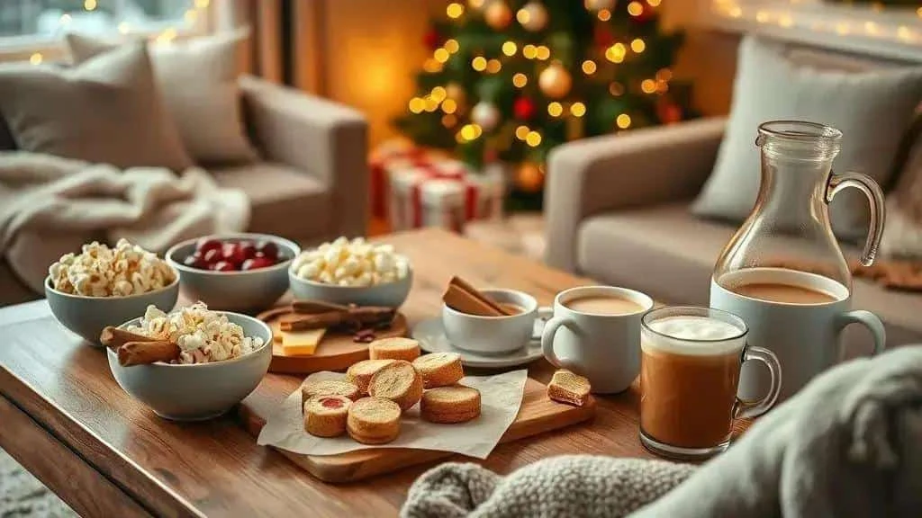 Popcorn sandwiches and warm drinks on a festive coffee table