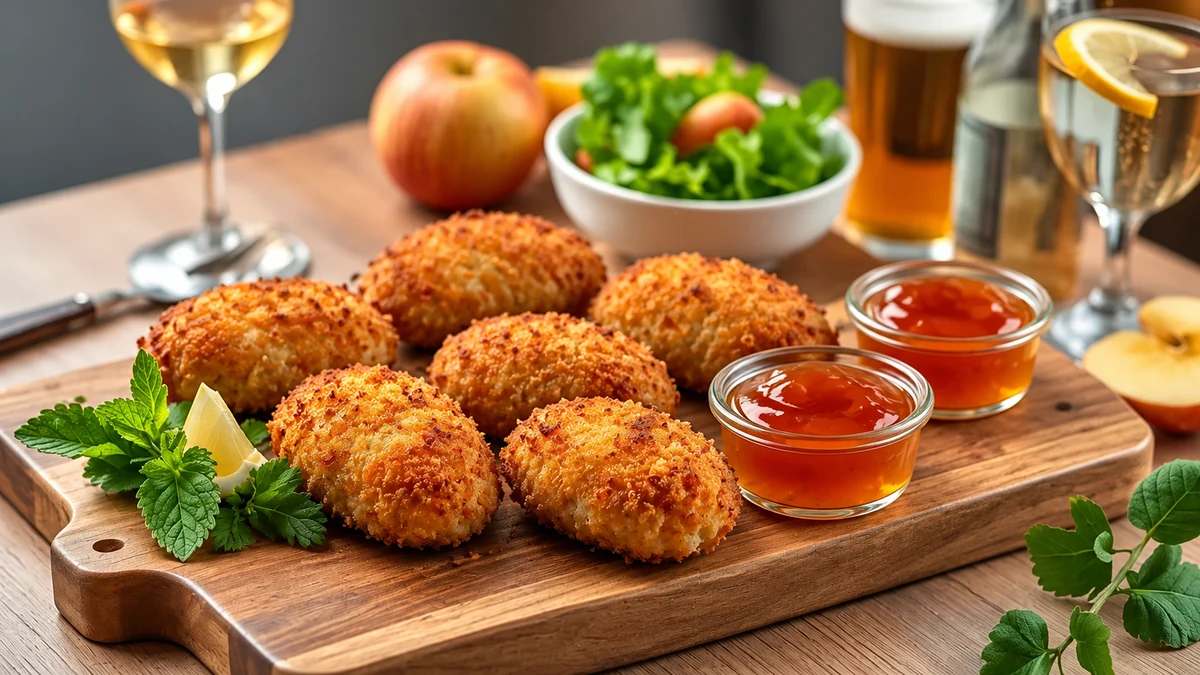 Pork croquettes with separate bowls of apple jelly Pork croquettes with separate bowls of apple jelly