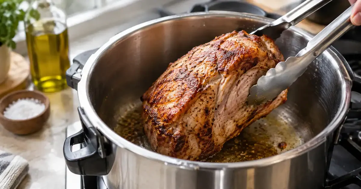 Pork joint being browned in an open pressure cooker Pork joint being browned in an open pressure cooker