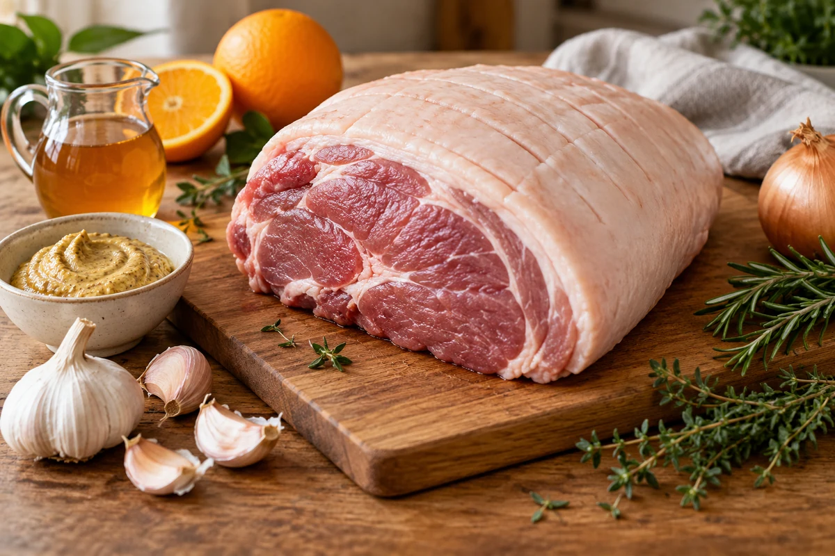 Pork leg with honey mustard garlic and herbs