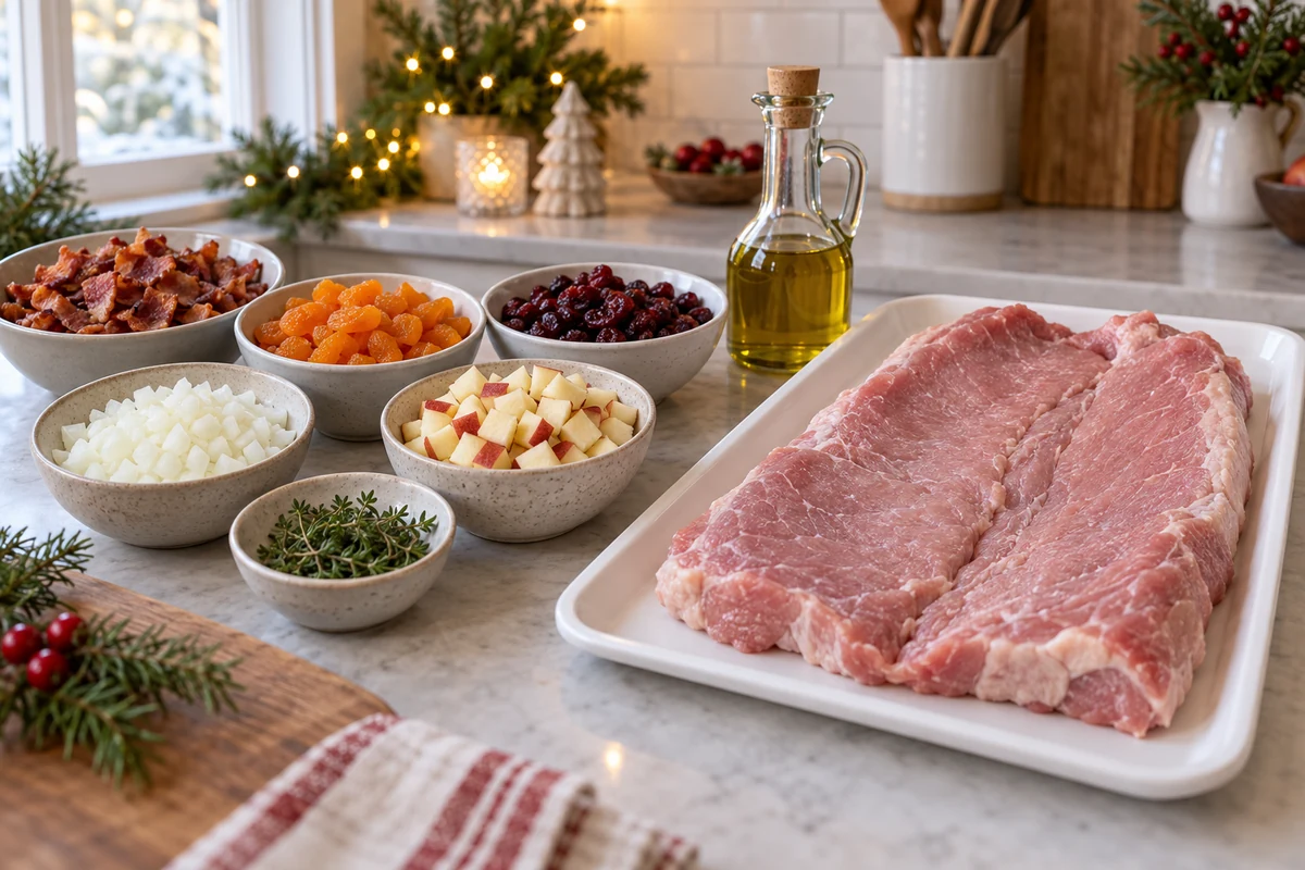 Pork loin and separate dried fruit bacon and apple ingredients