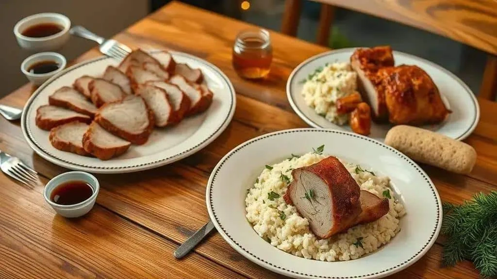 Pork portions with vegetable side dishes