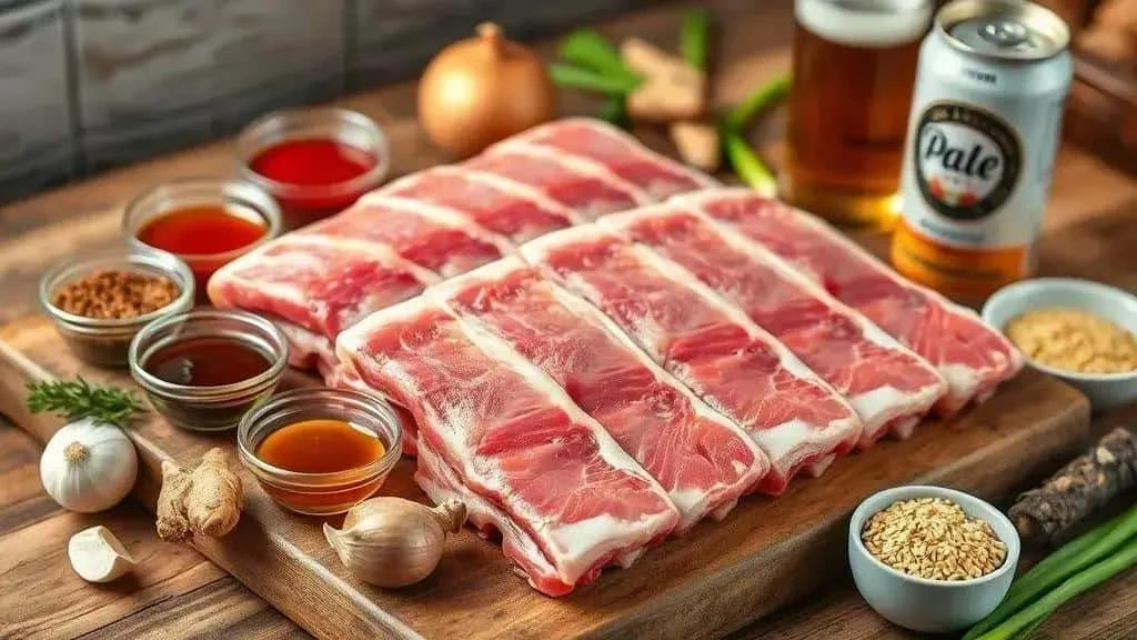Pork ribs with beer ginger garlic and sauce ingredients