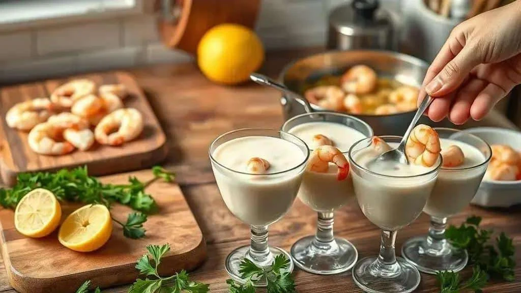 Portioning creamy prawns into small serving glasses Portioning creamy prawns into small serving glasses