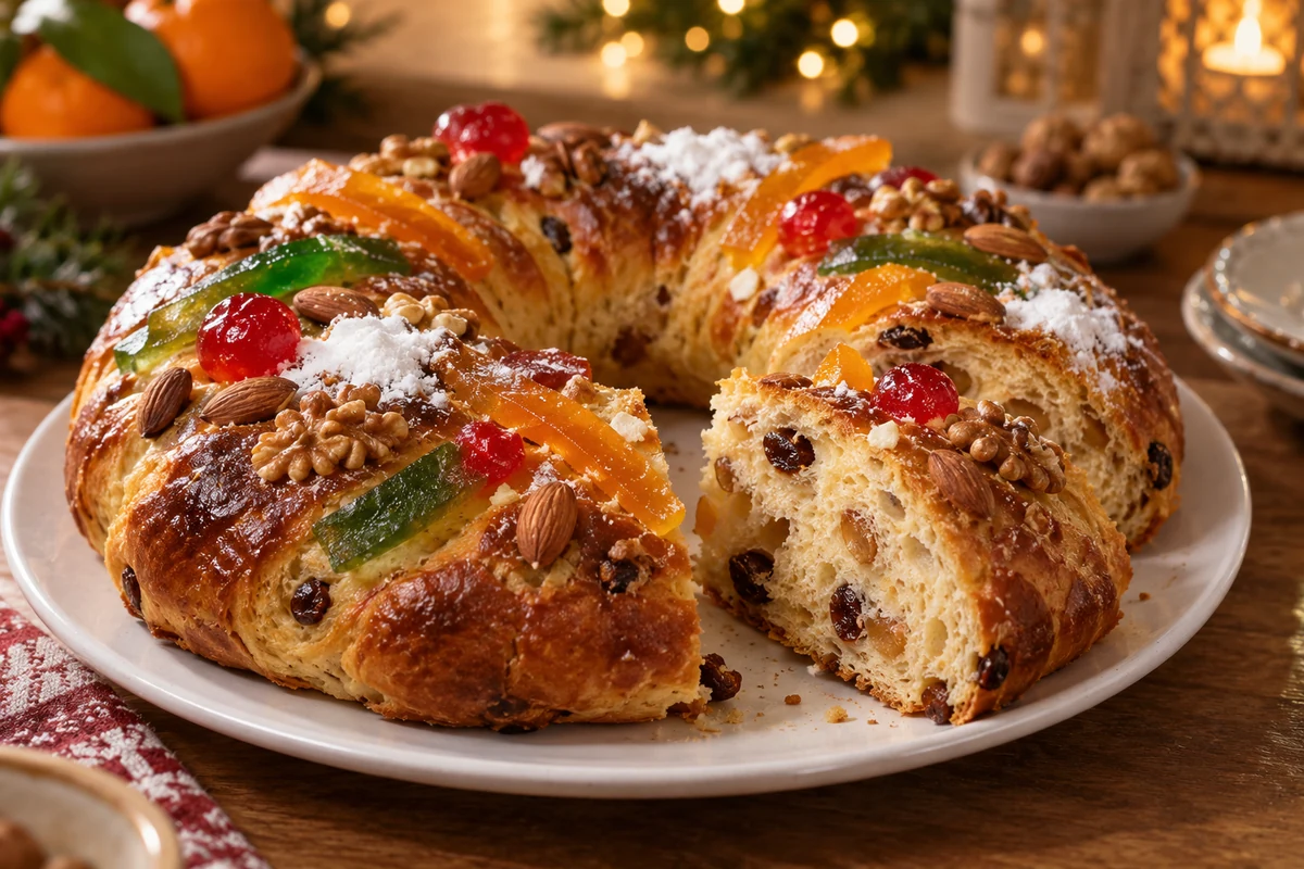 Portuguese bolo rei with candied fruit and nuts