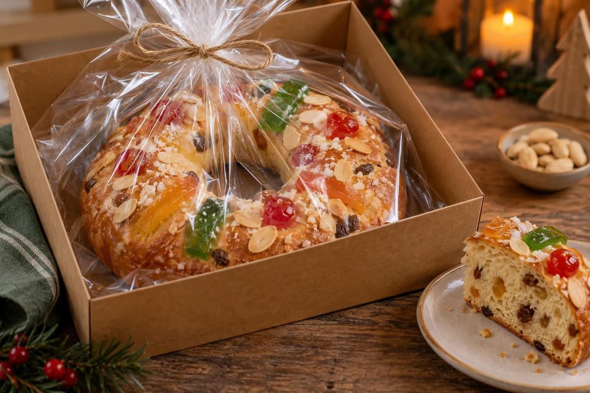 Portuguese bolo rei wrapped in a food-safe gift box