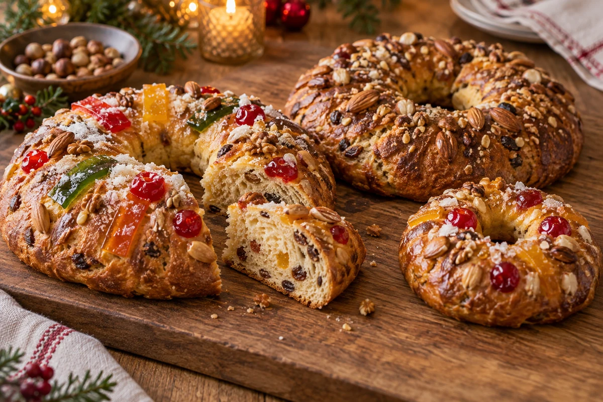 Portuguese fruit and nut Christmas breads in crown shapes