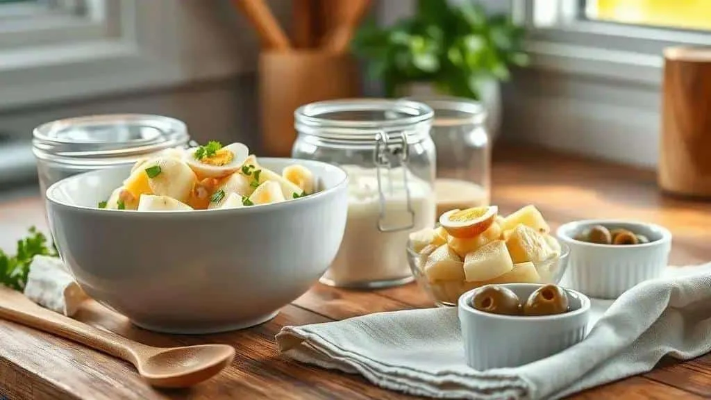 Potato and egg salad with olives ready to serve
