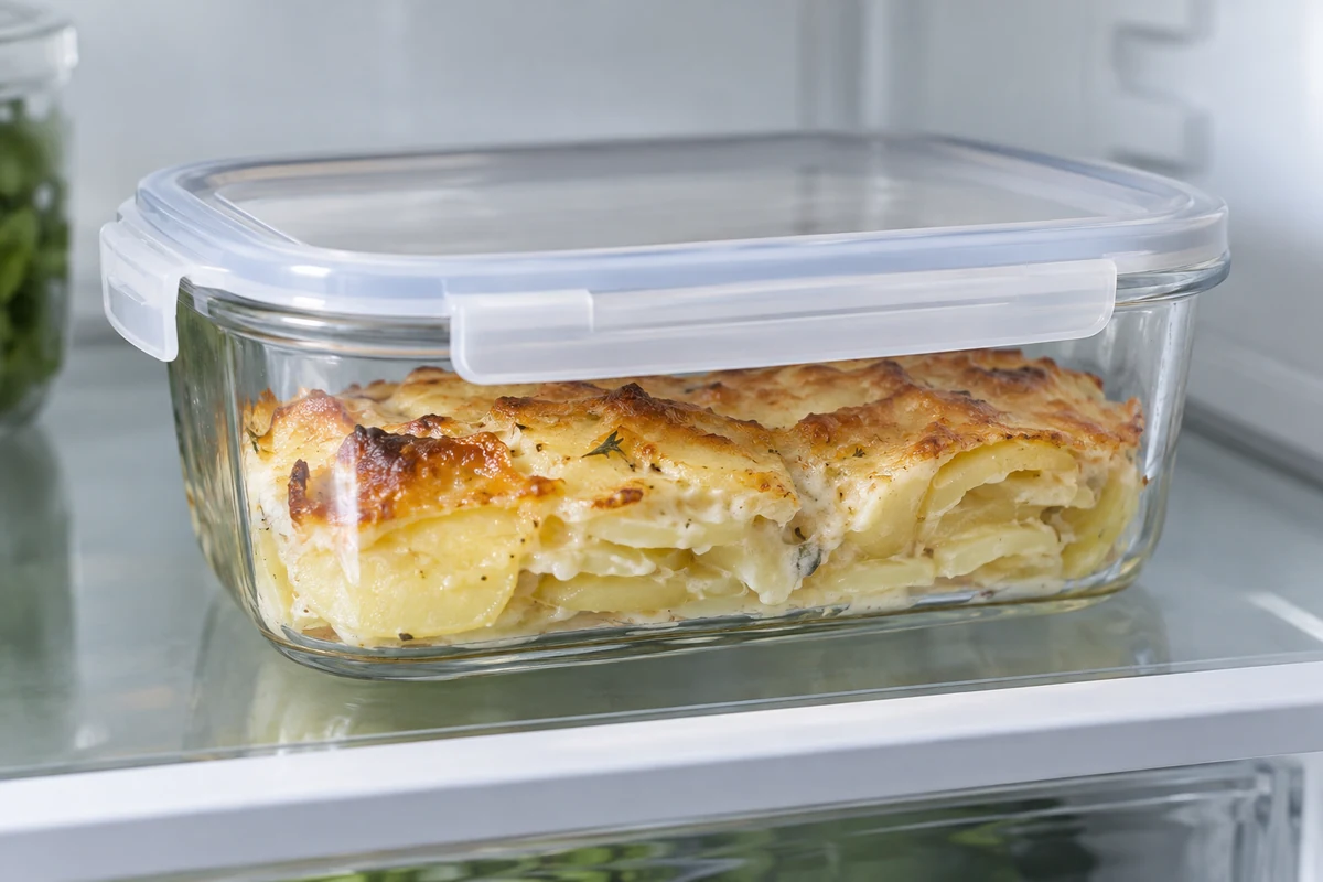 Potato gratin portions stored in covered containers in the fridge