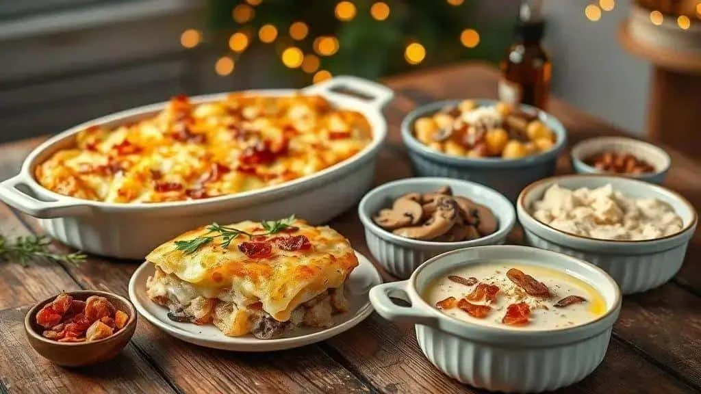 Potato gratin variations with mushrooms and bacon