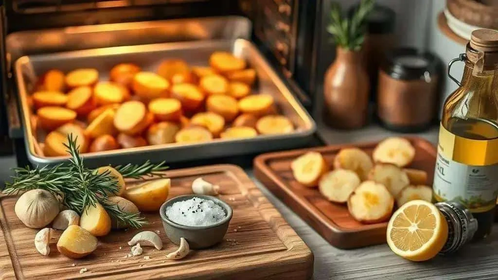 Potato pieces roasting in an oven Potato pieces roasting in an oven