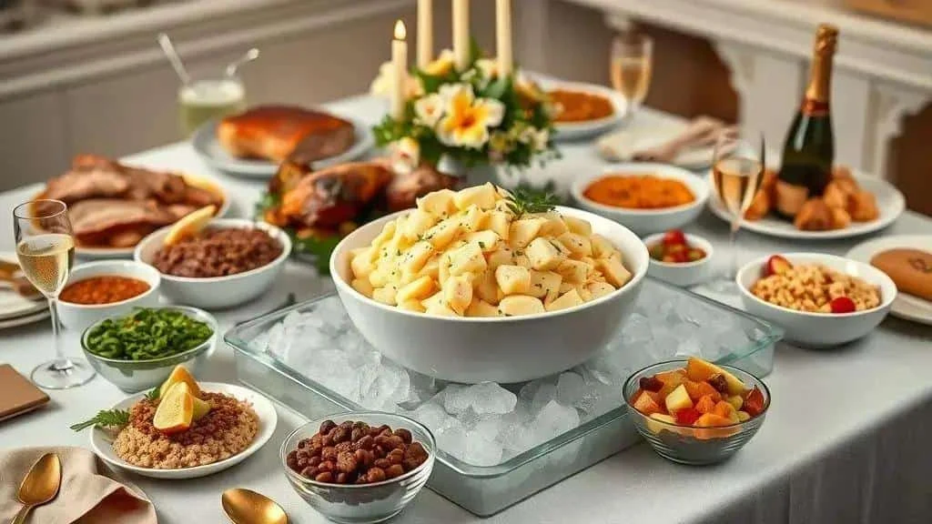Potato salad and side dishes on a festive table