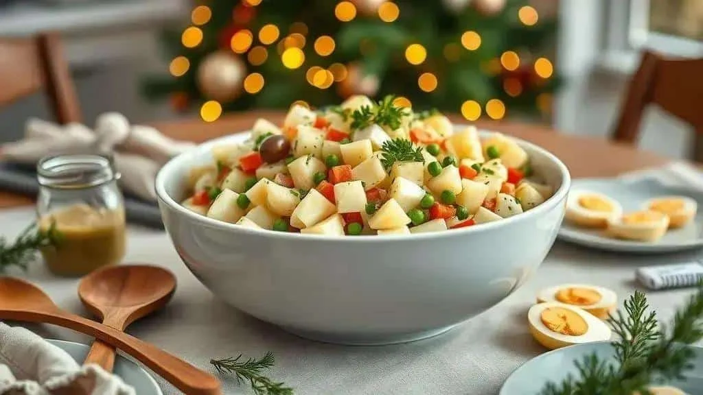 Potato salad at a festive Christmas table Potato salad at a festive Christmas table