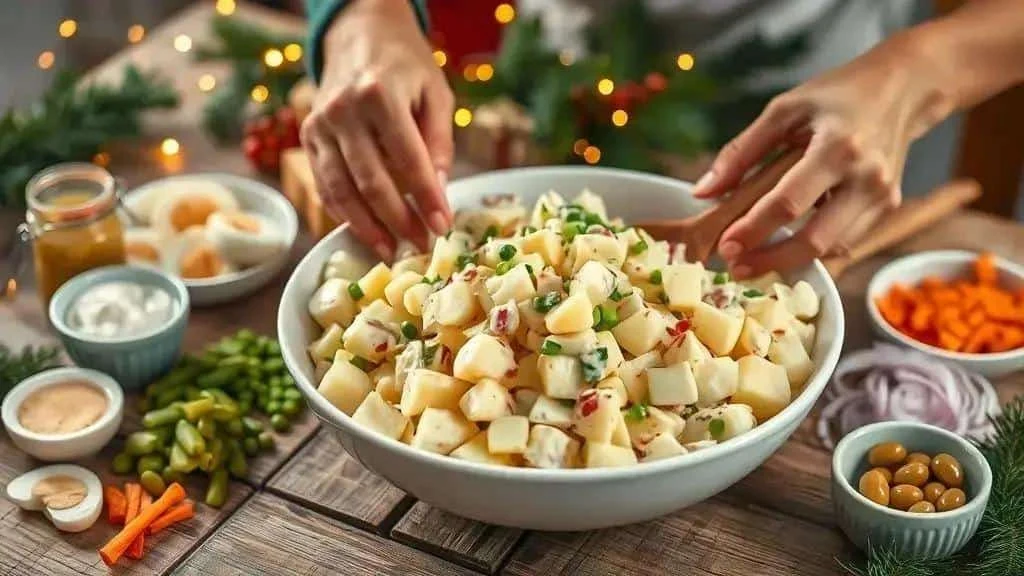 Potato salad being gently mixed in a serving bowl Potato salad being gently mixed in a serving bowl