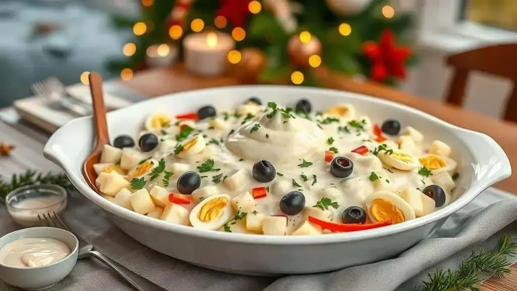 Potato salad platter with egg, olives and peppers