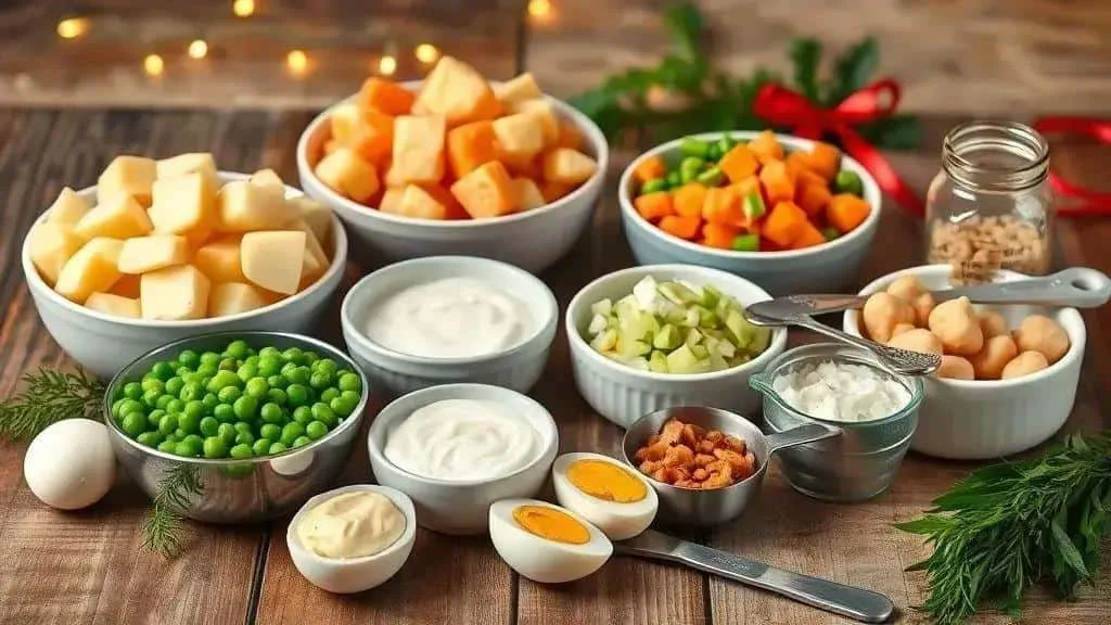 Potatoes, carrots, peas, eggs and mayonnaise for a festive salad