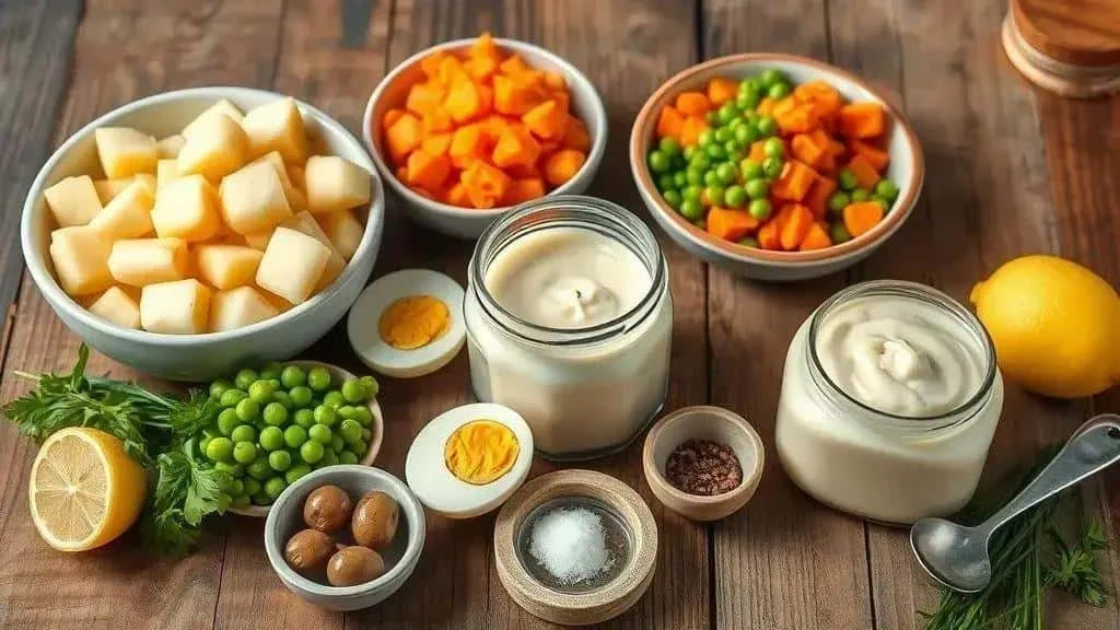Potatoes, carrots, peas, eggs and mayonnaise for Brazilian potato salad