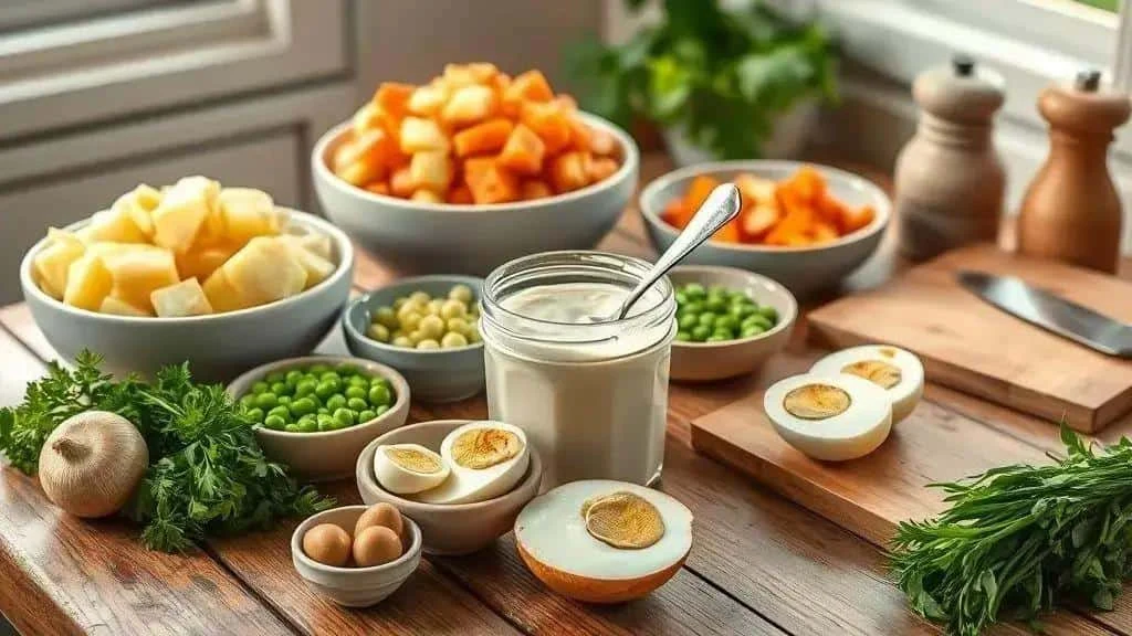Potatoes carrots peas eggs and mayonnaise for salad