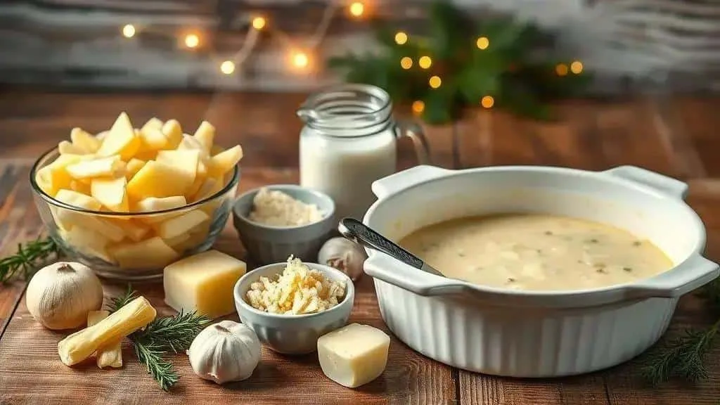 Potatoes, cream, butter and grated cheese ready for a gratin