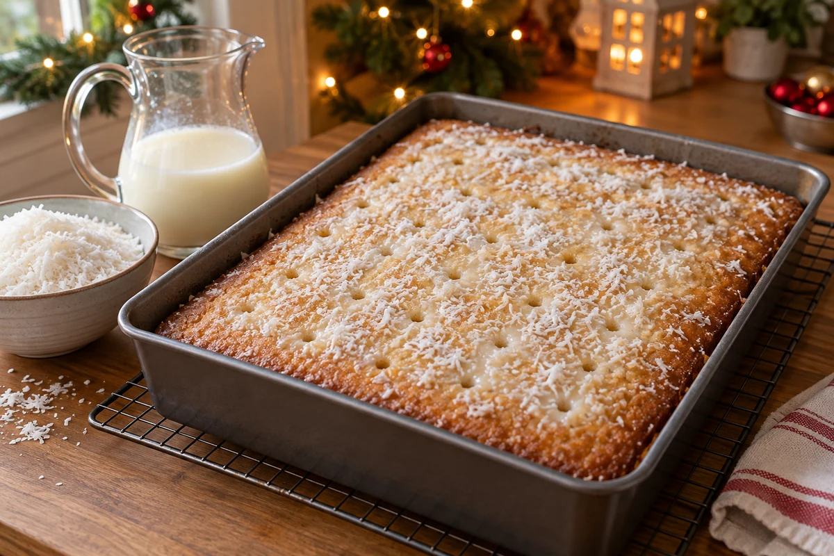 Pouring a milk soak over coconut cake Pouring a milk soak over coconut cake