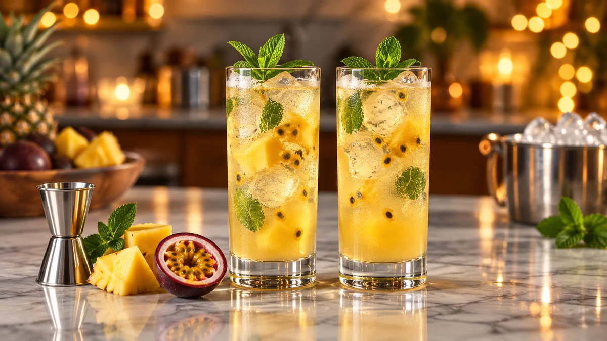 Pouring a tropical gin cocktail over ice
