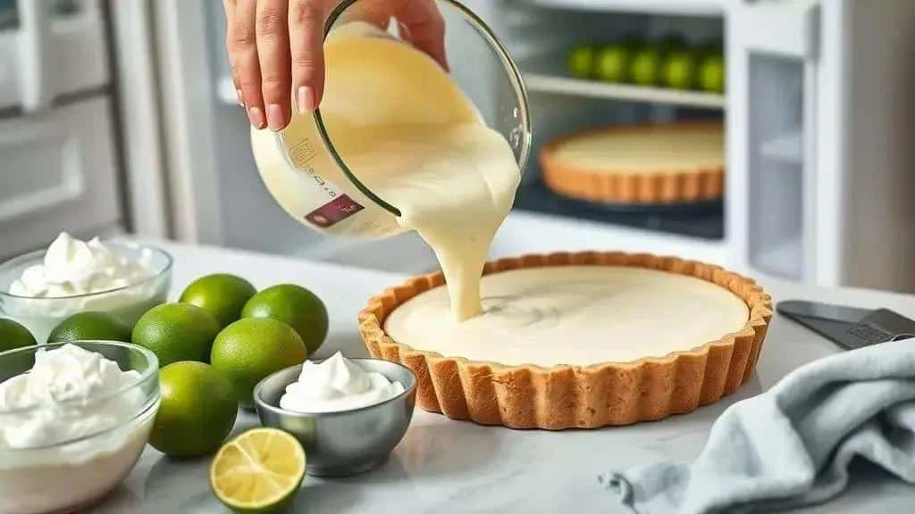 Pouring creamy lime filling into a biscuit tart base Pouring creamy lime filling into a biscuit tart base