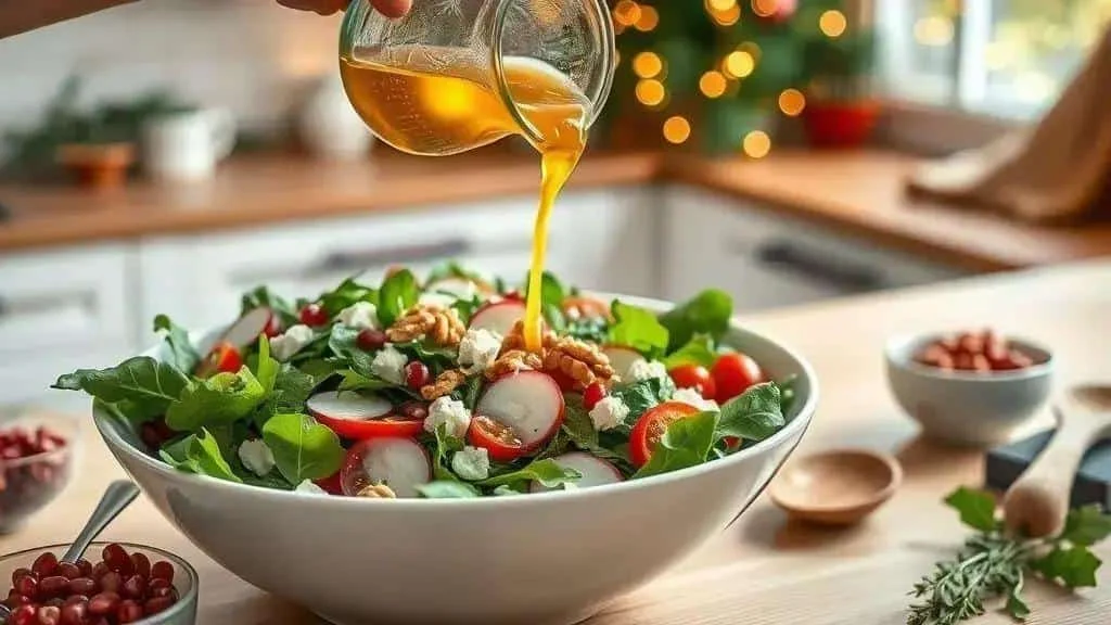 Pouring dressing over a Christmas green salad