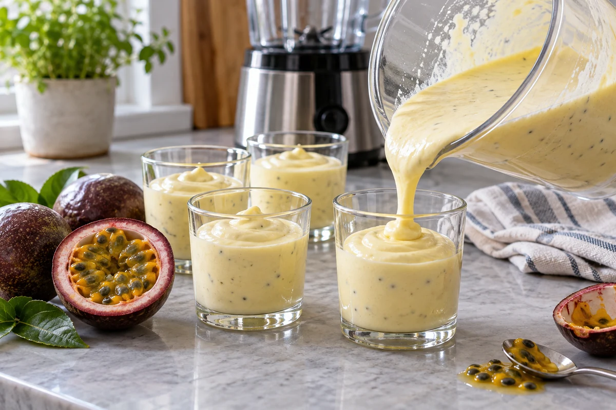 Pouring passion fruit mousse into glasses
