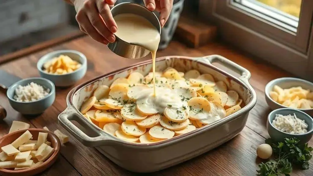 Pouring white sauce over layers of sliced potatoes