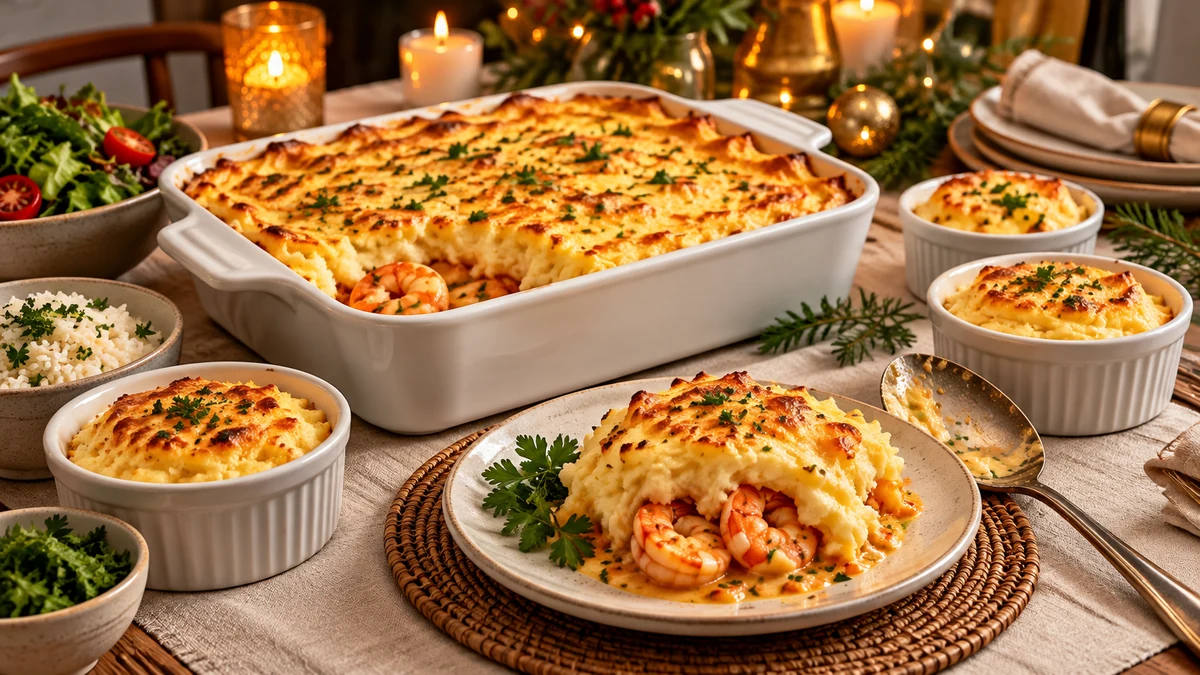 Prawn and cassava bake served in a casserole and individual portions Prawn and cassava bake served in a casserole and individual portions