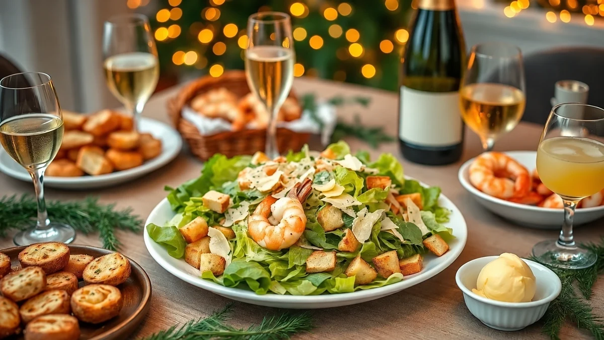 Prawn Caesar salad with drinks and bread on a festive table