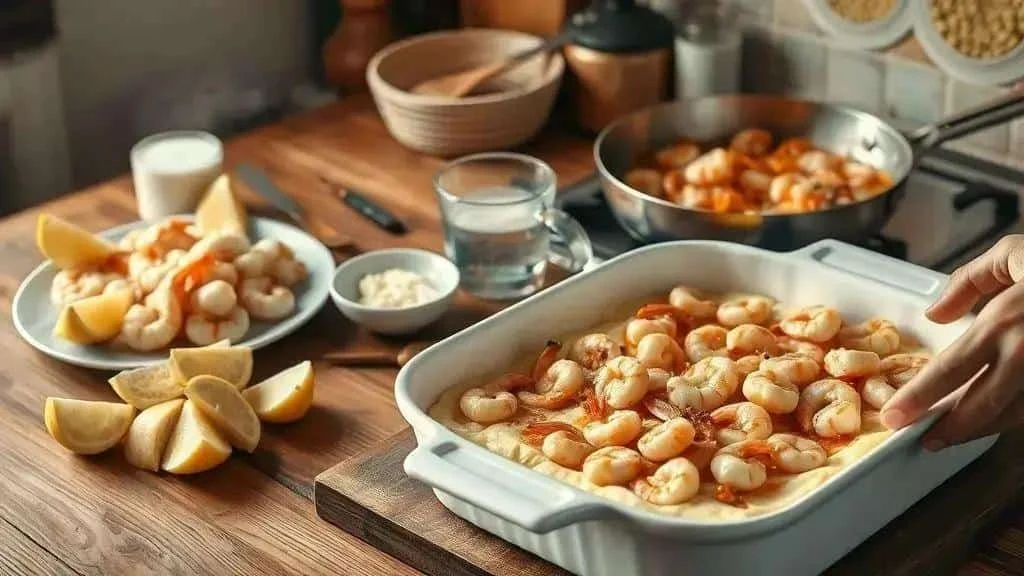 Prawn filling arranged in a dish before adding cassava mash Prawn filling arranged in a dish before adding cassava mash