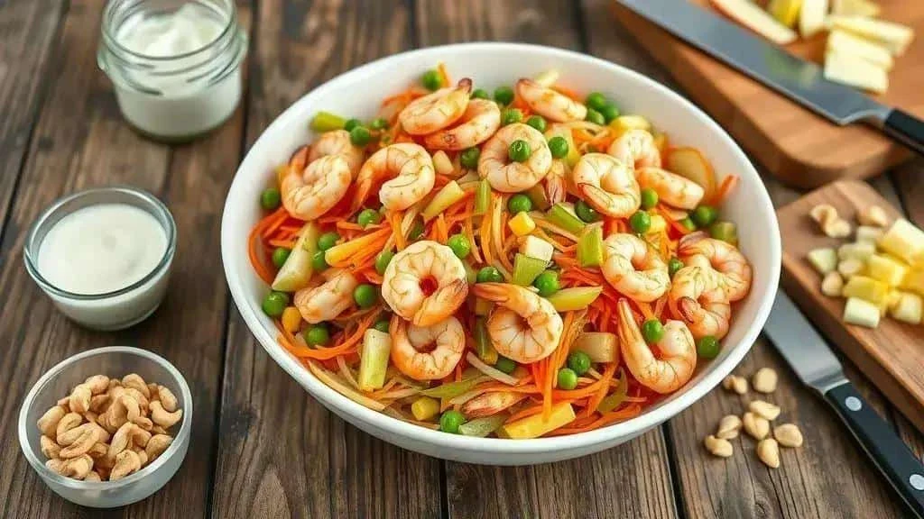 Prawn salpicão with colourful vegetables and dressing