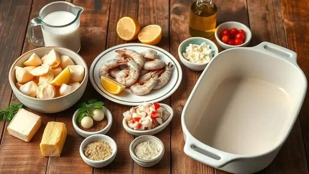 Prawns, cassava, milk, cheese and seasonings for a bake Prawns, cassava, milk, cheese and seasonings for a bake