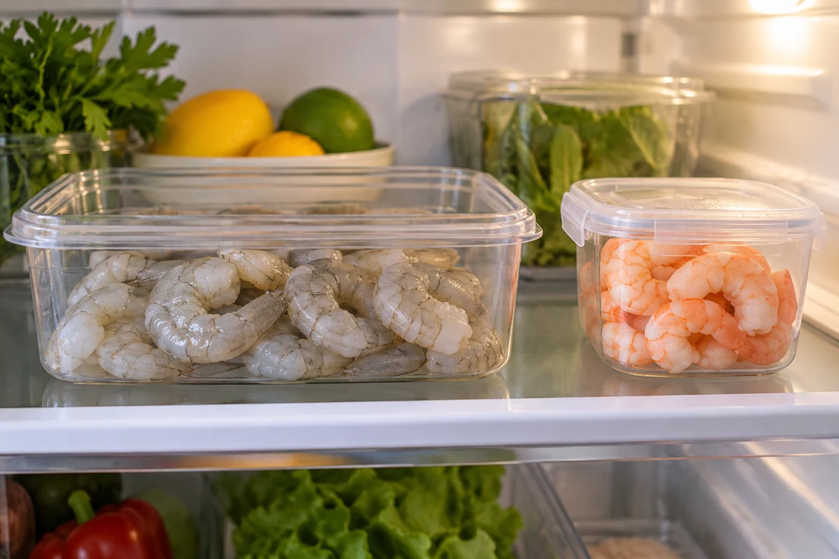 Prawns kept in separate covered refrigerator containers