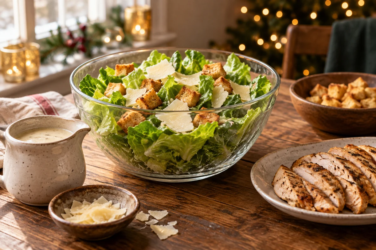 Prepared Caesar salad with sliced chicken and creamy dressing