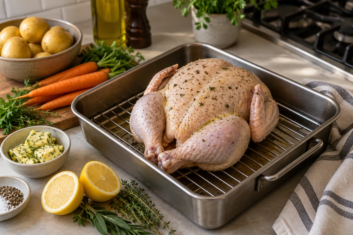 Prepared raw chicken on a roasting rack Prepared raw chicken on a roasting rack