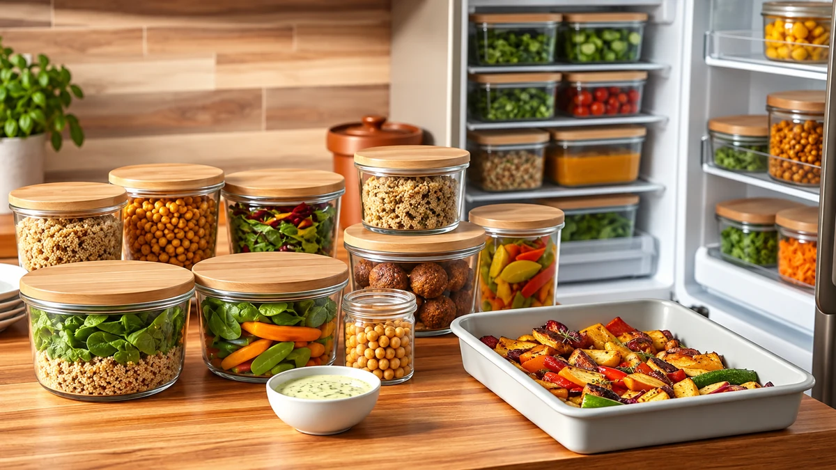 Prepared salad ingredients in lidded containers beside an open fridge