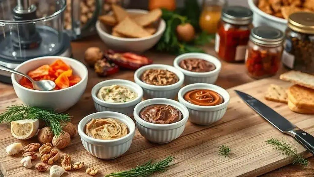 Prepared spreads in ramekins beside a food processor and ingredients