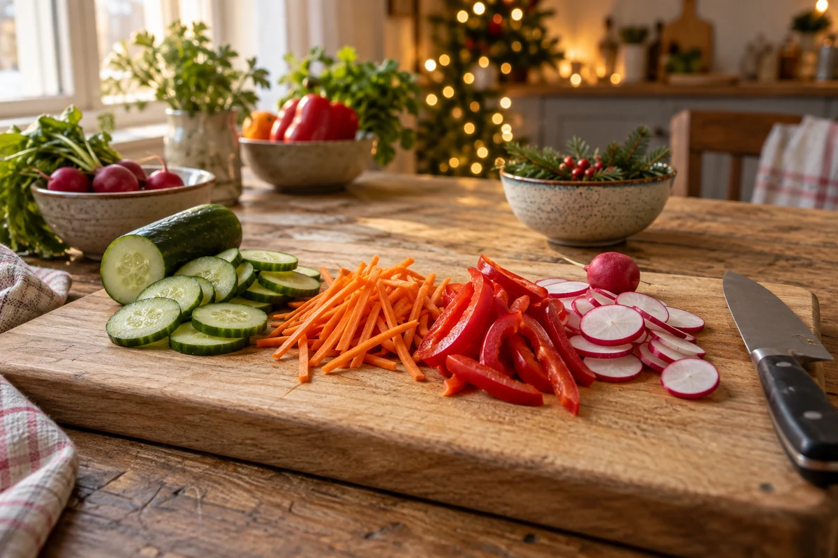 Prepared vegetables on a chopping board for a colourful salad Prepared vegetables on a chopping board for a colourful salad