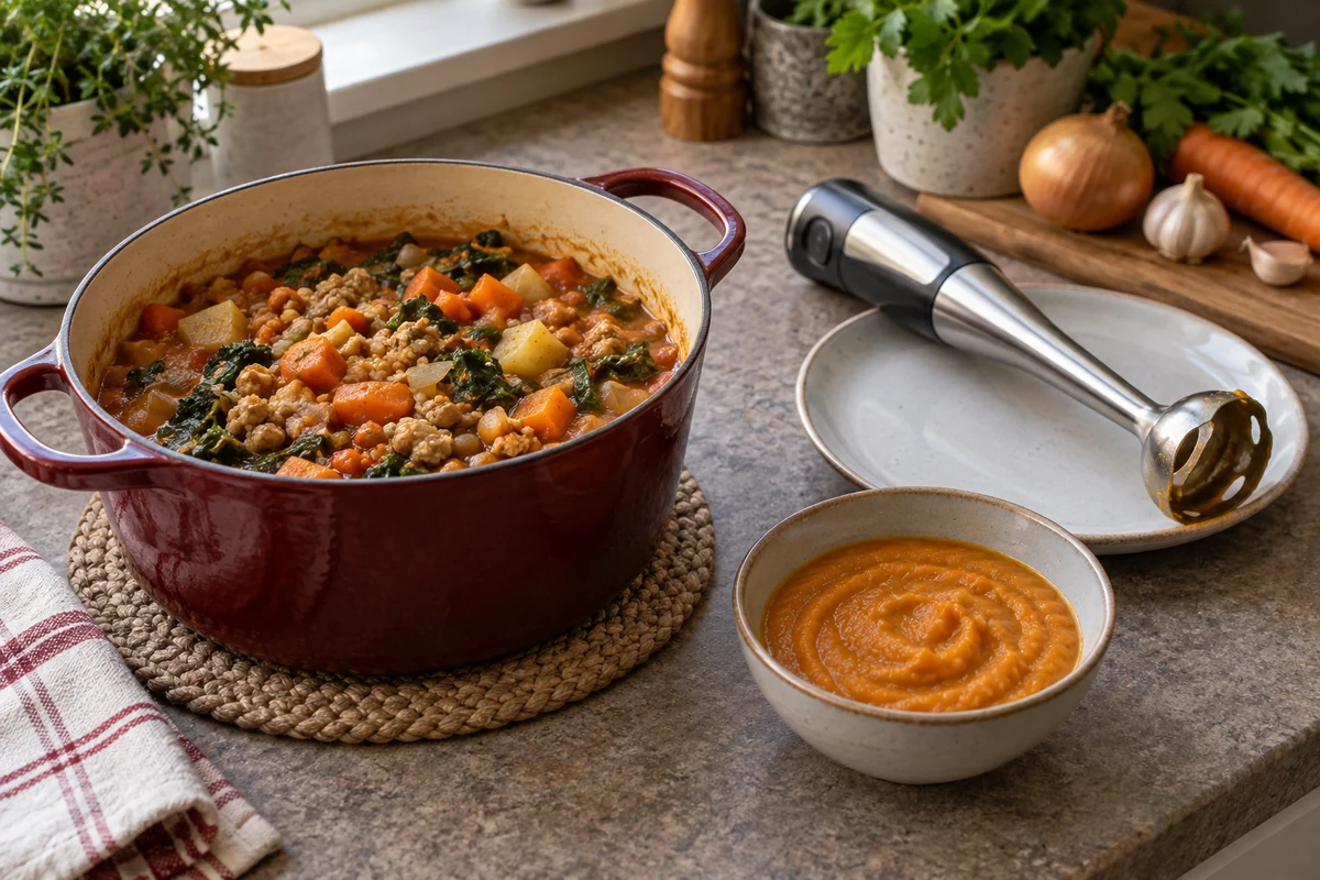 Preparing a creamy vegetable stew with a hand blender