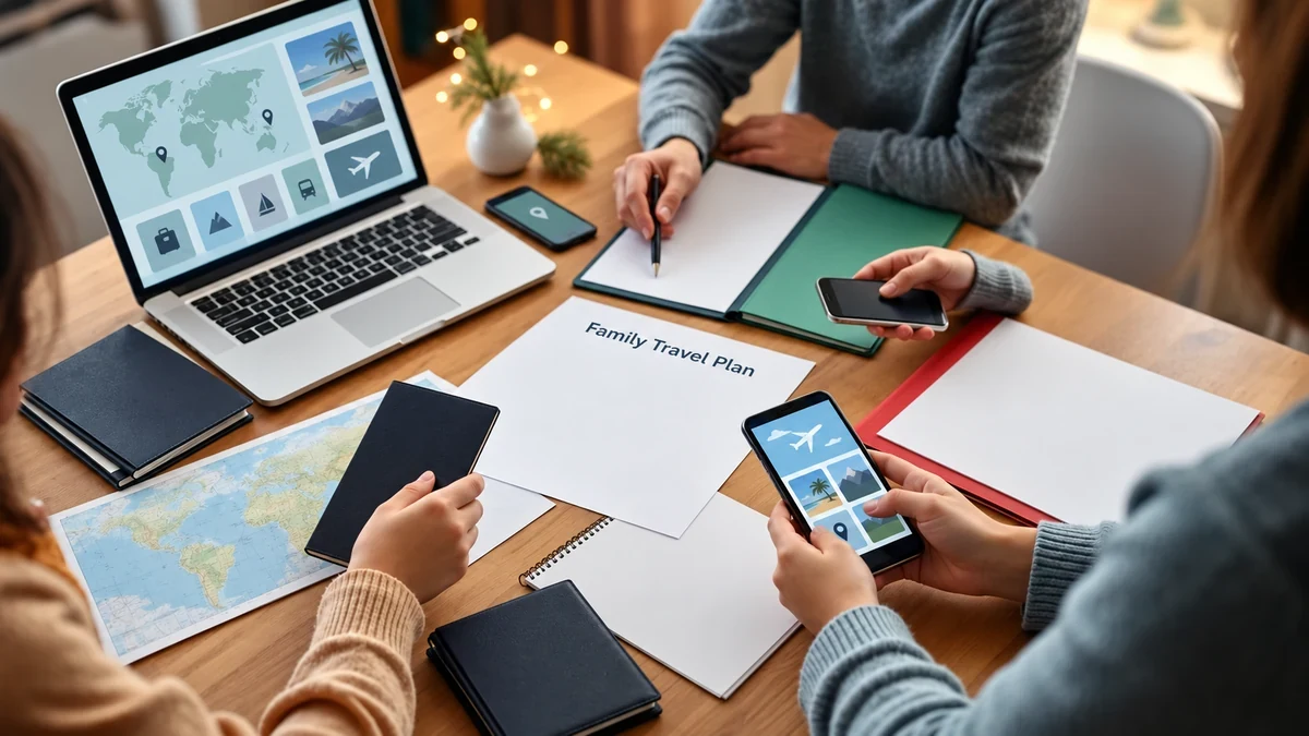 Preparing a family travel plan and document folders