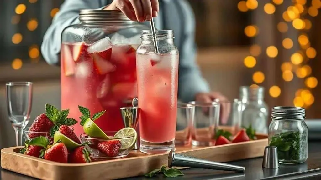 Preparing a large batch of strawberry cocktails
