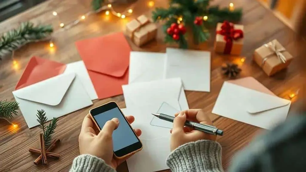 Preparing a personal Christmas message with a phone and blank card