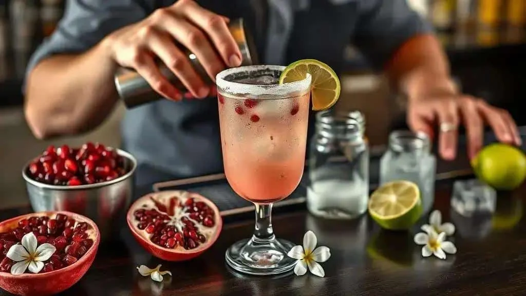 Preparing a pink pomegranate margarita with a lime garnish