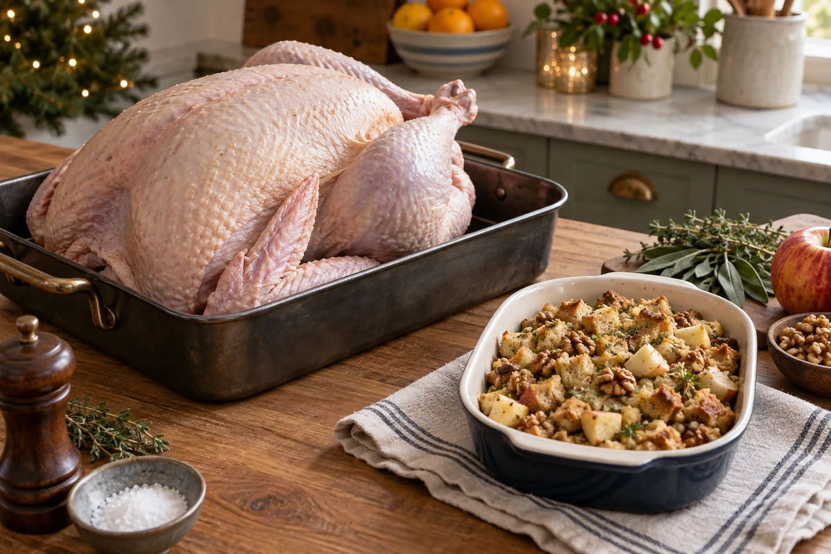 Preparing a turkey with stuffing in a separate dish
