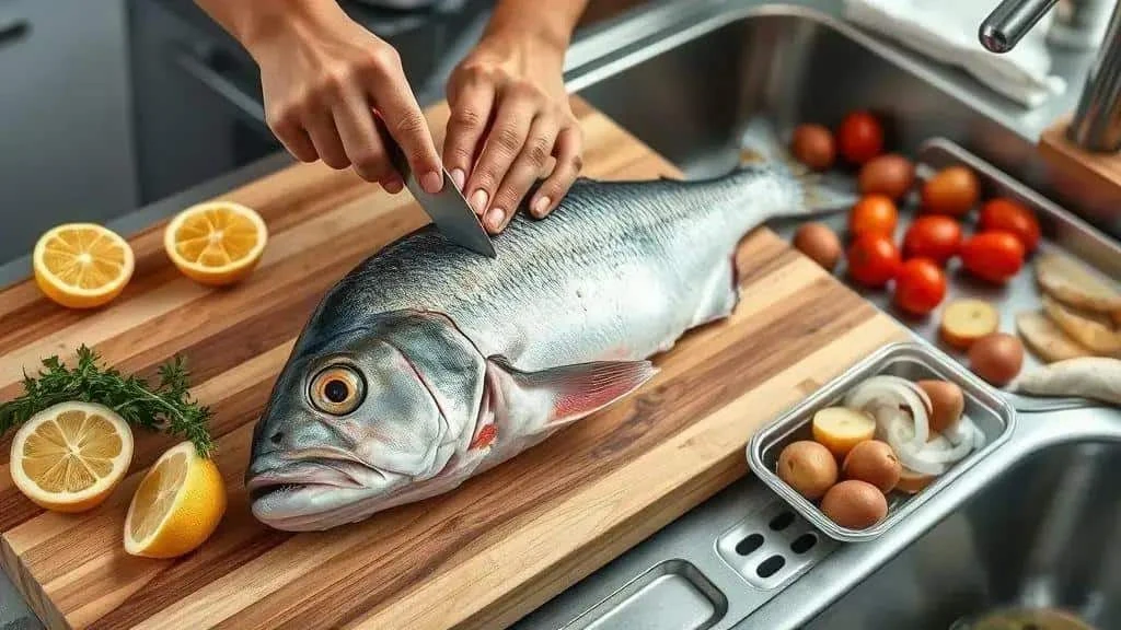 Preparing a whole fish on a kitchen chopping board