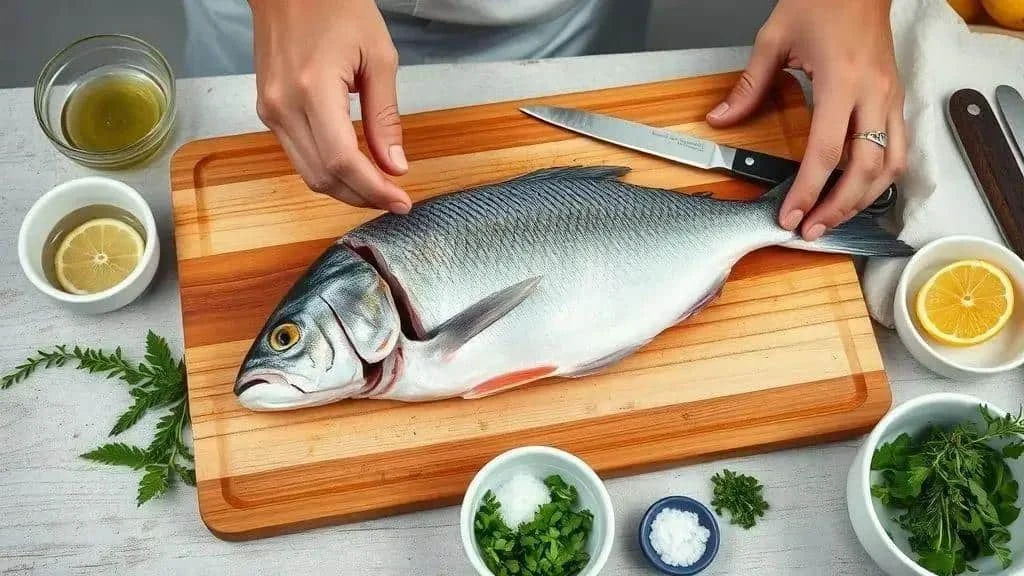 Preparing a whole fish with lemon and herbs