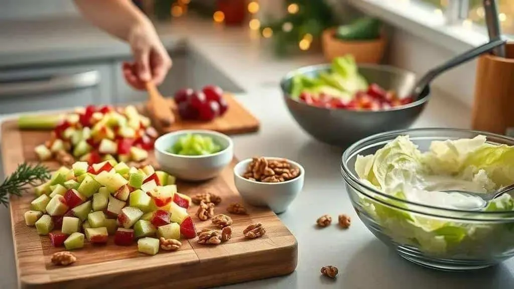 Preparing apples, celery and walnuts for Christmas Waldorf salad